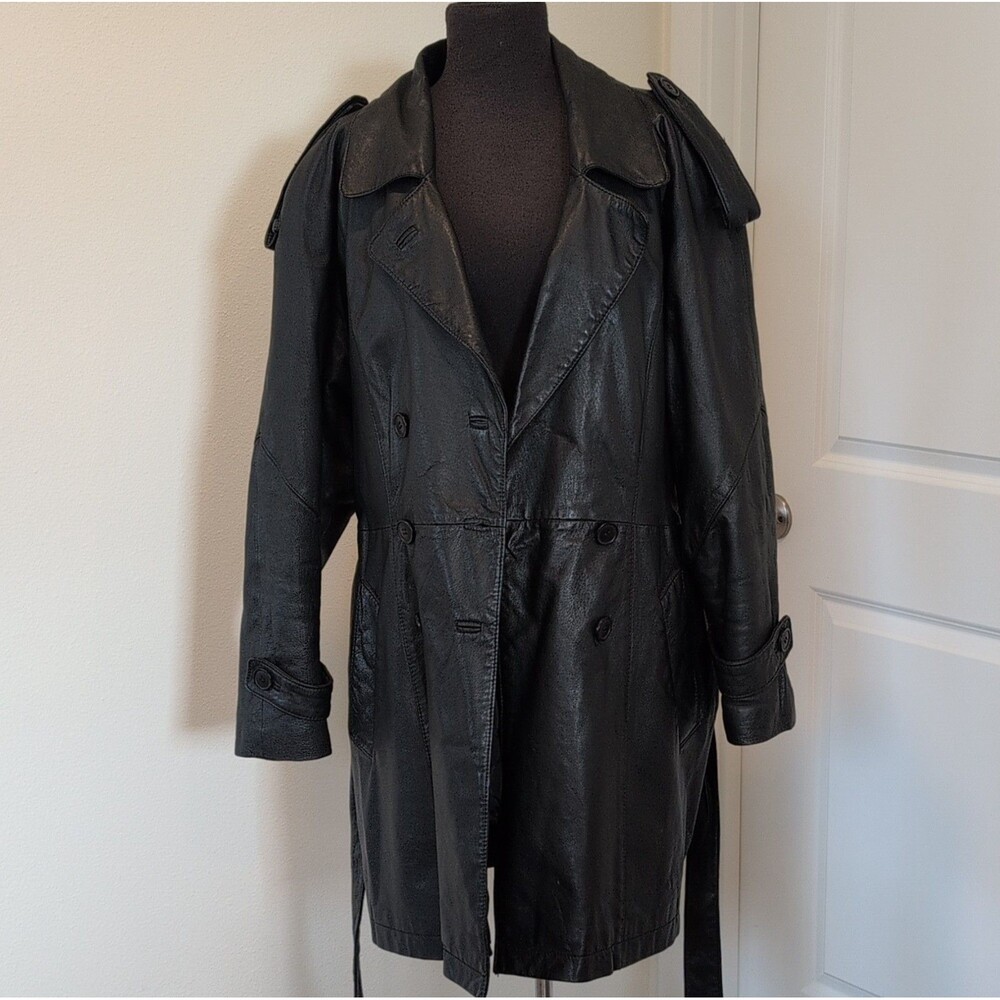 The Connection Women's Black Leather Belted Trench Coat Size M